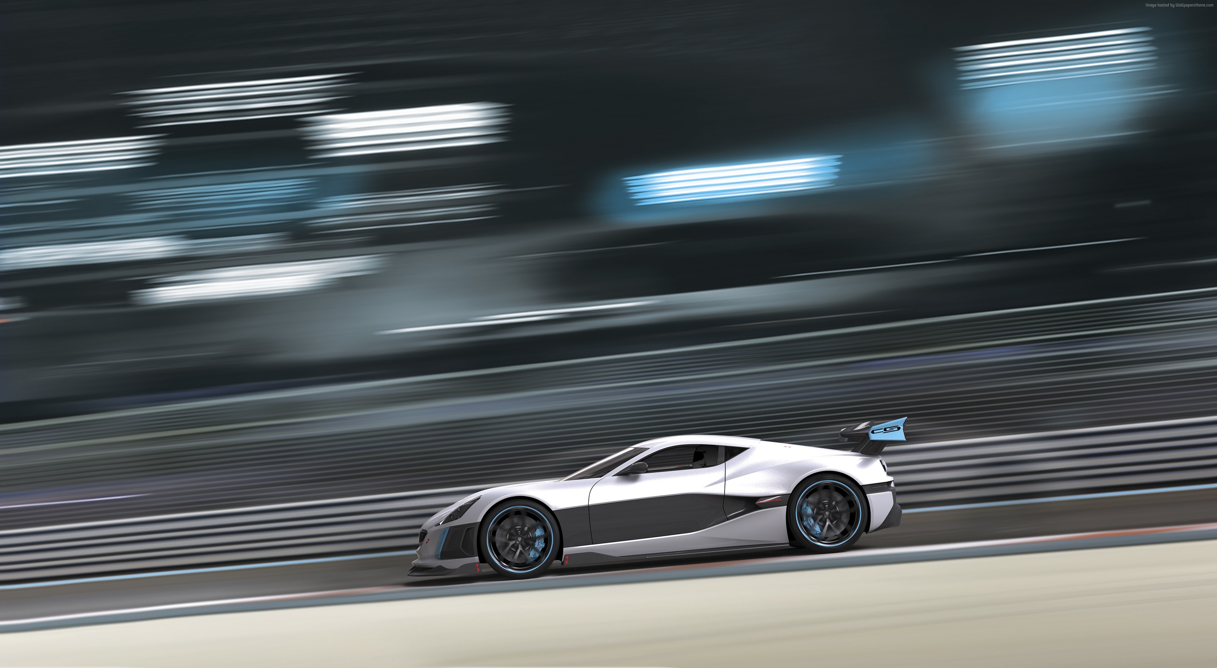 Silver Rimac Concept S sport car on a track HD Wallpaper