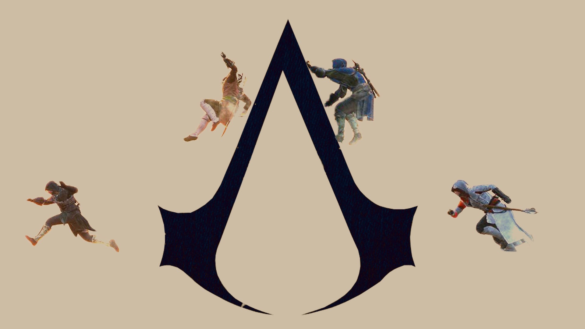 Assassin's Creed logo with assassins in action HD Wallpaper