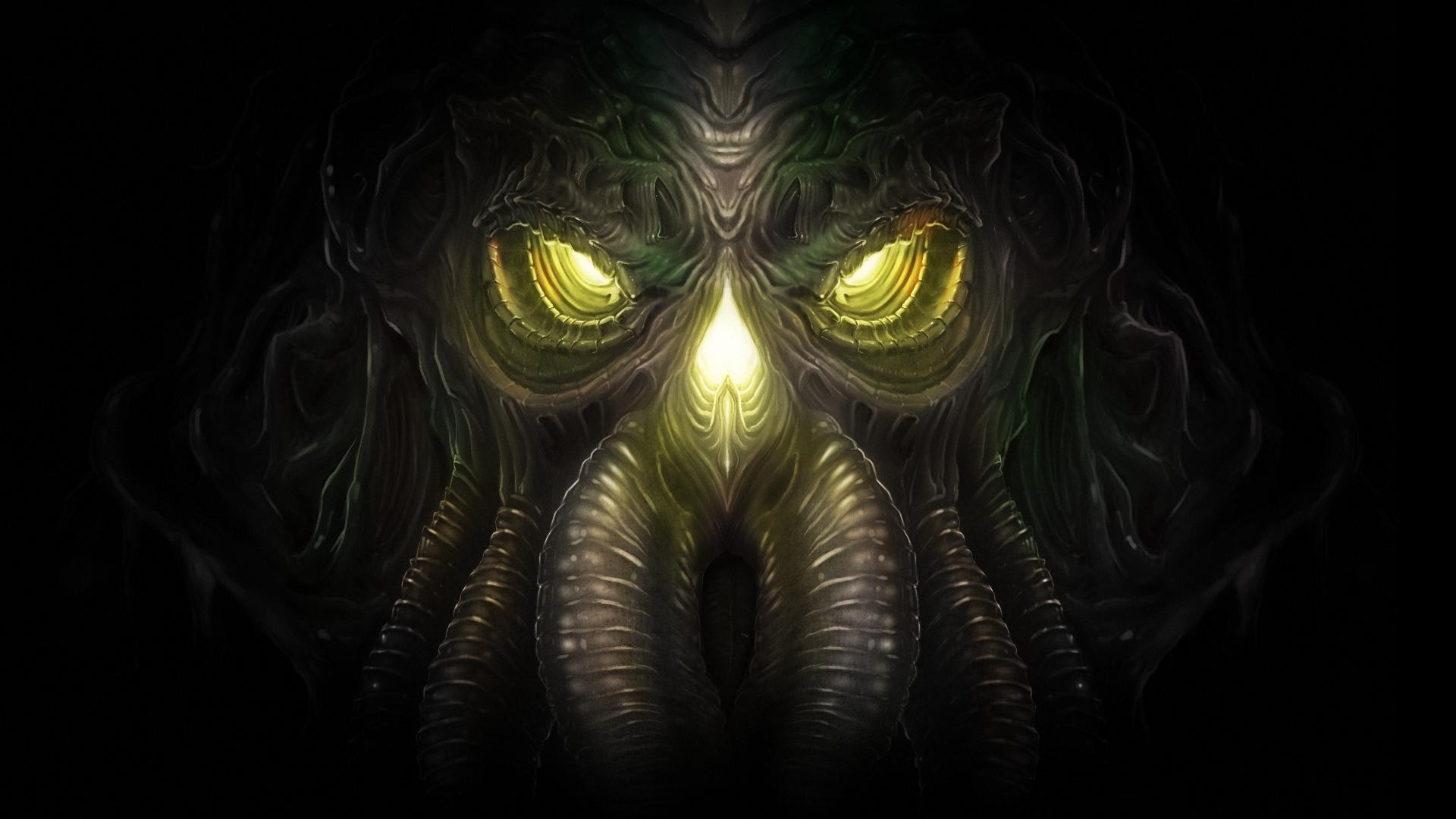 Close-up of Cthulhu's face with glowing eyes HD Wallpaper
