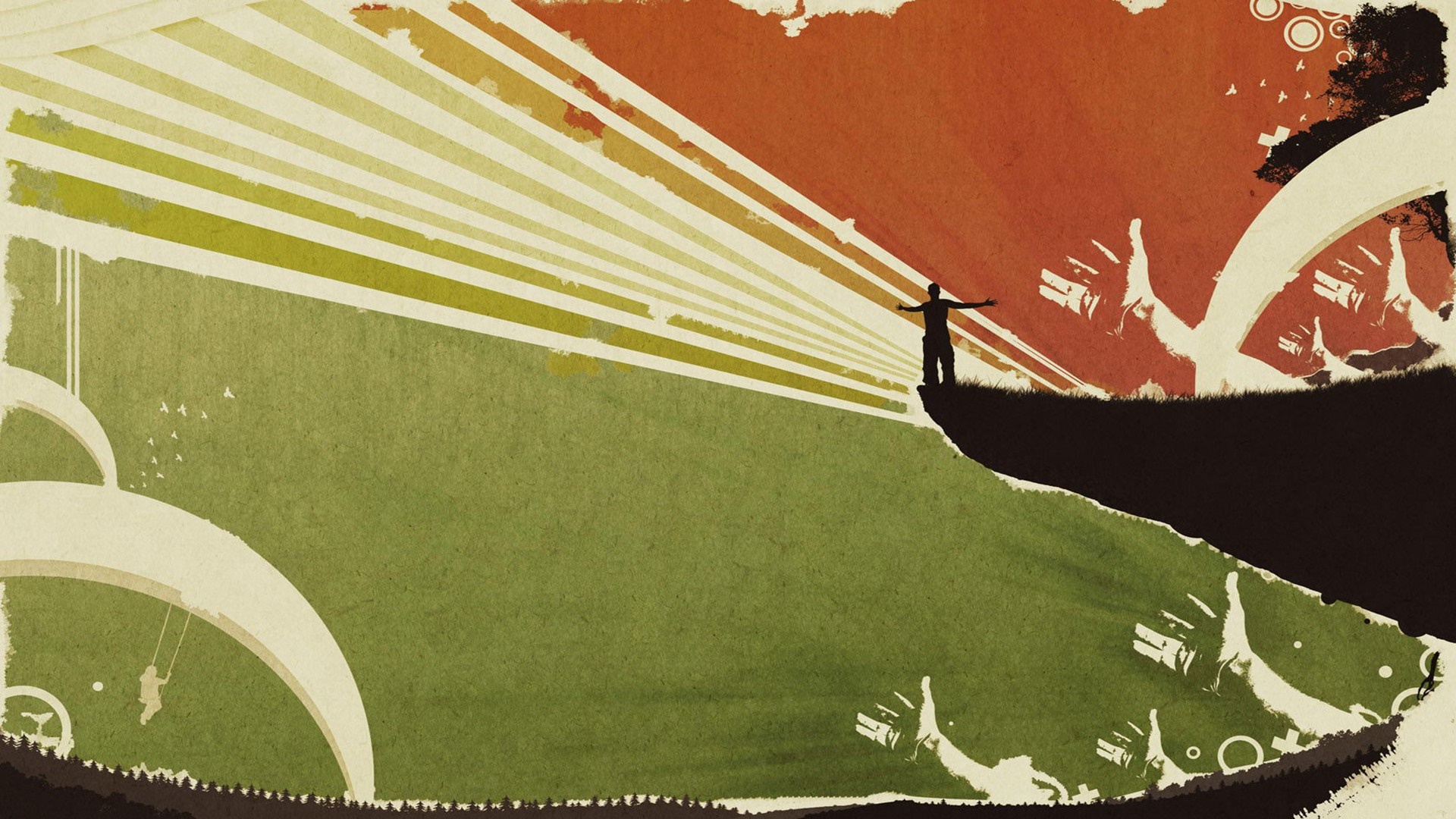 Abstract illustration with stylized sun rays and figures HD Wallpaper