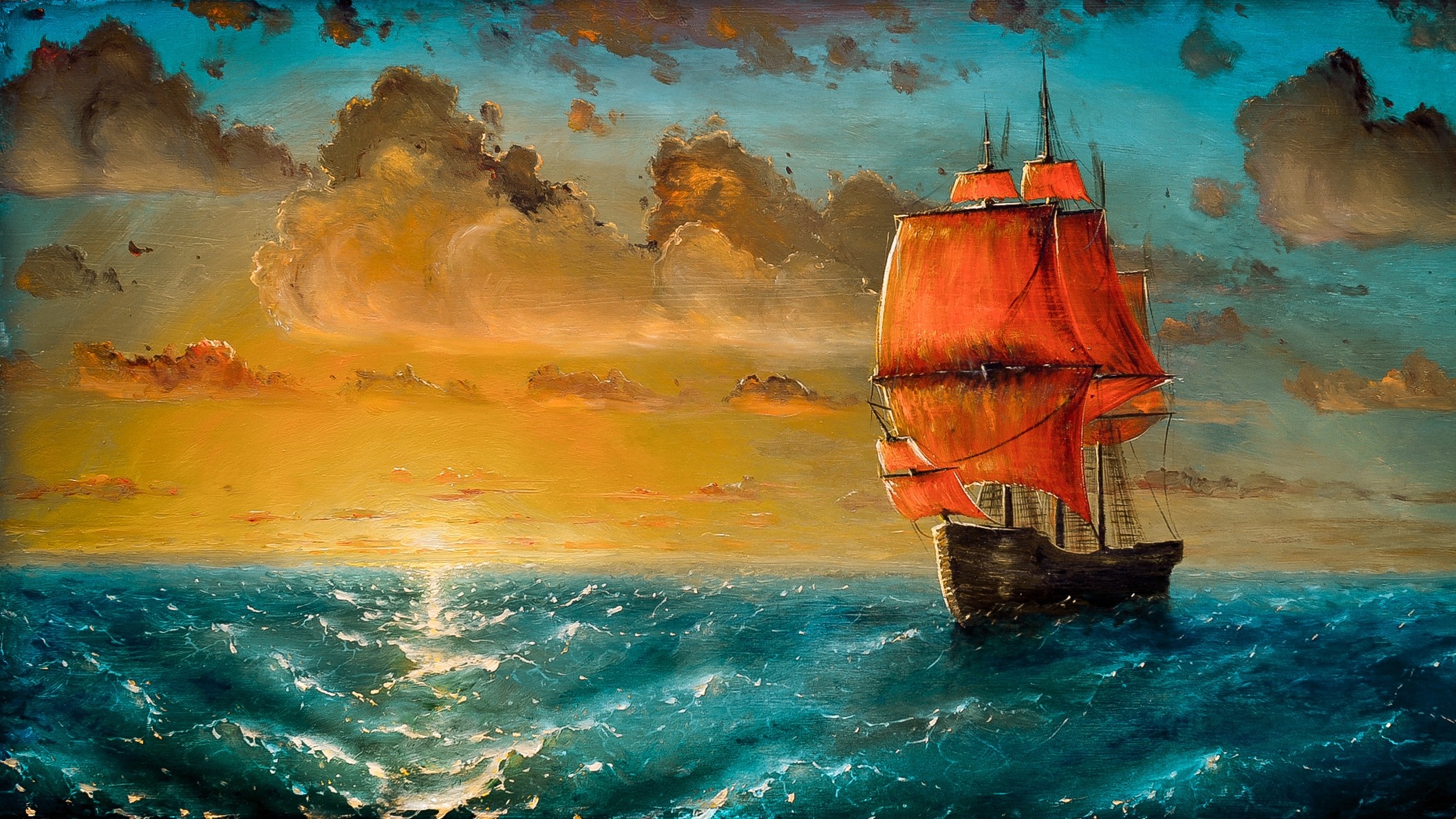 Painting of a ship with red sails on the sea at sunset HD Wallpaper