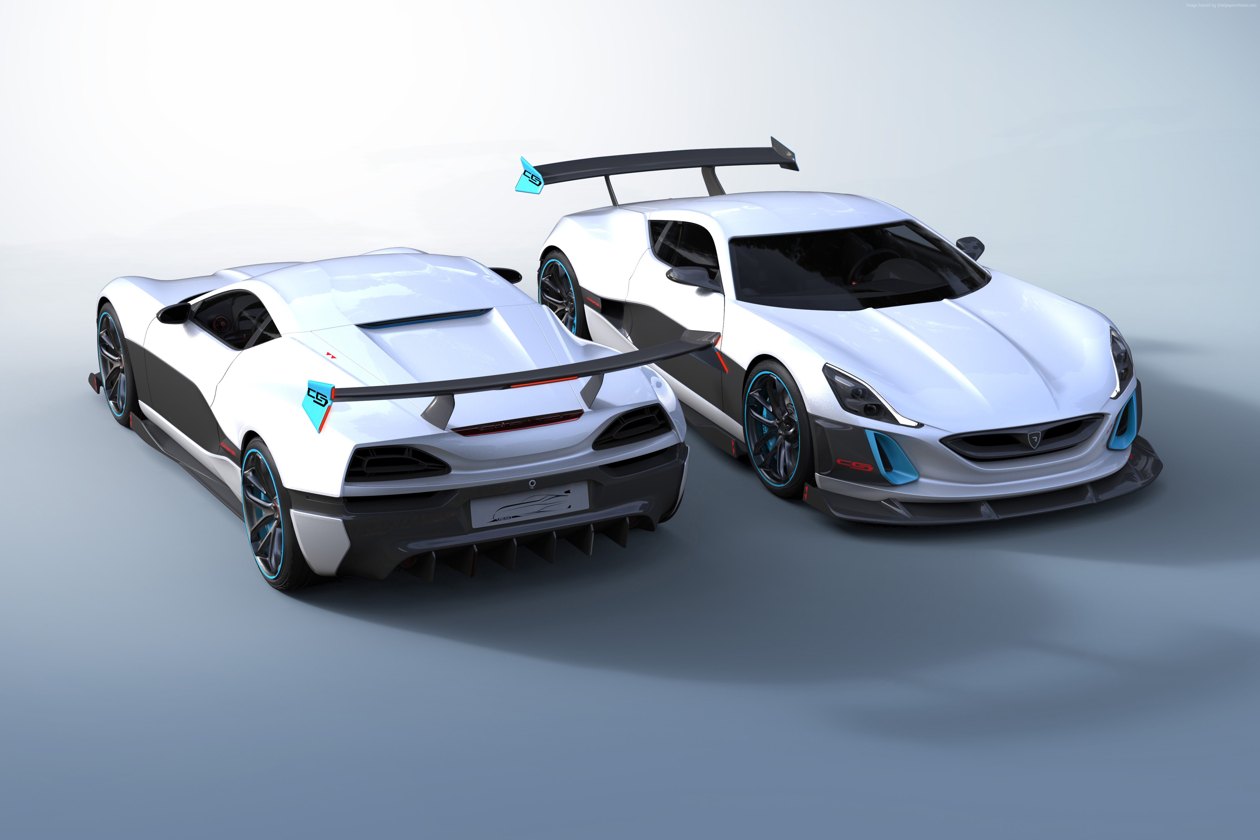 Two white Rimac Concept S sports cars with spoilers HD Wallpaper