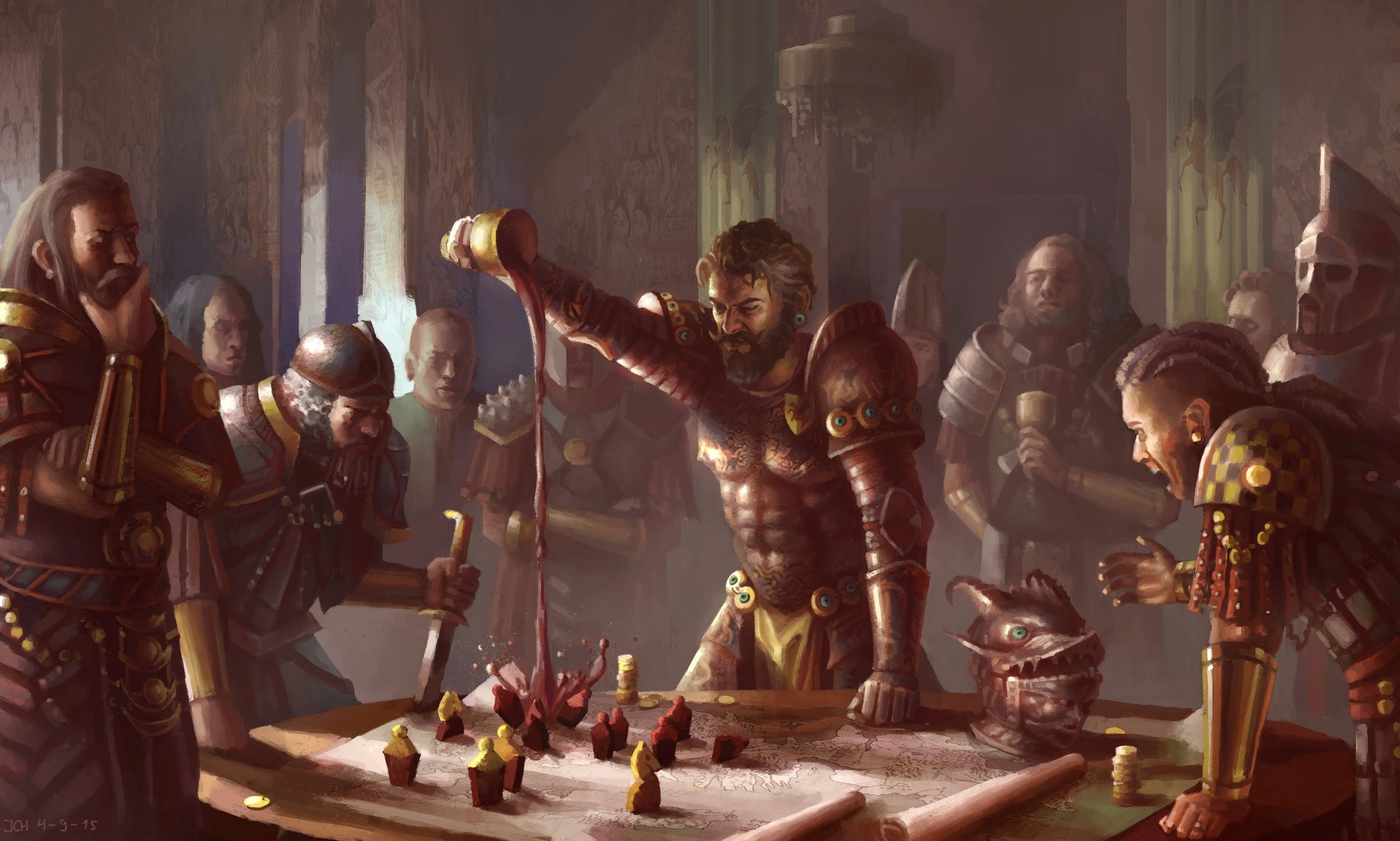 Men in armor pouring wine over a game board HD Wallpaper