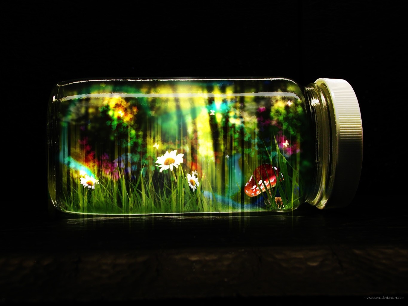 Magical forest scene inside a glass jar HD Wallpaper