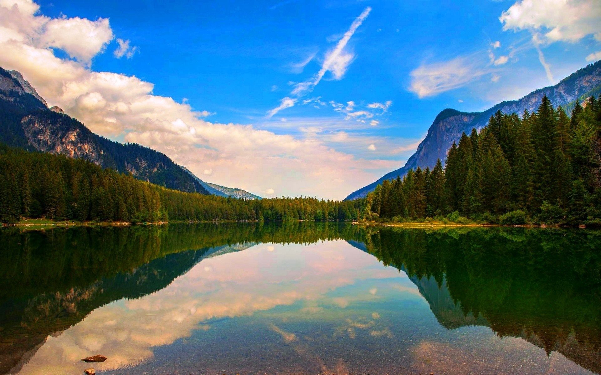 Mountain lake with forest reflection and clouds HD Wallpaper
