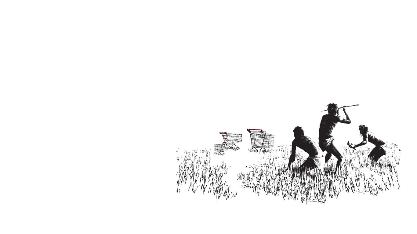 Cavemen hunting shopping carts in a field HD Wallpaper