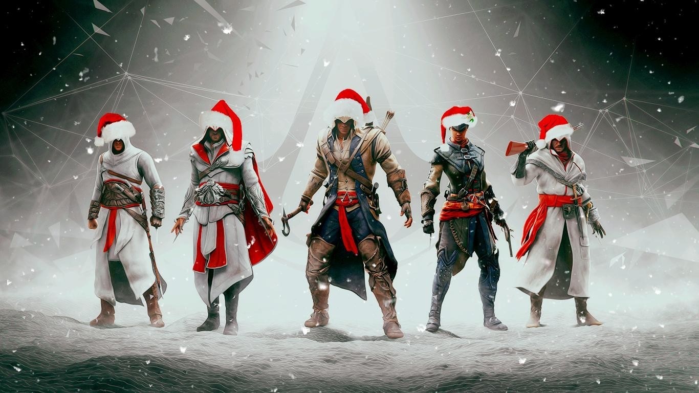 Assassins from Assassin's Creed wearing Santa hats HD Wallpaper