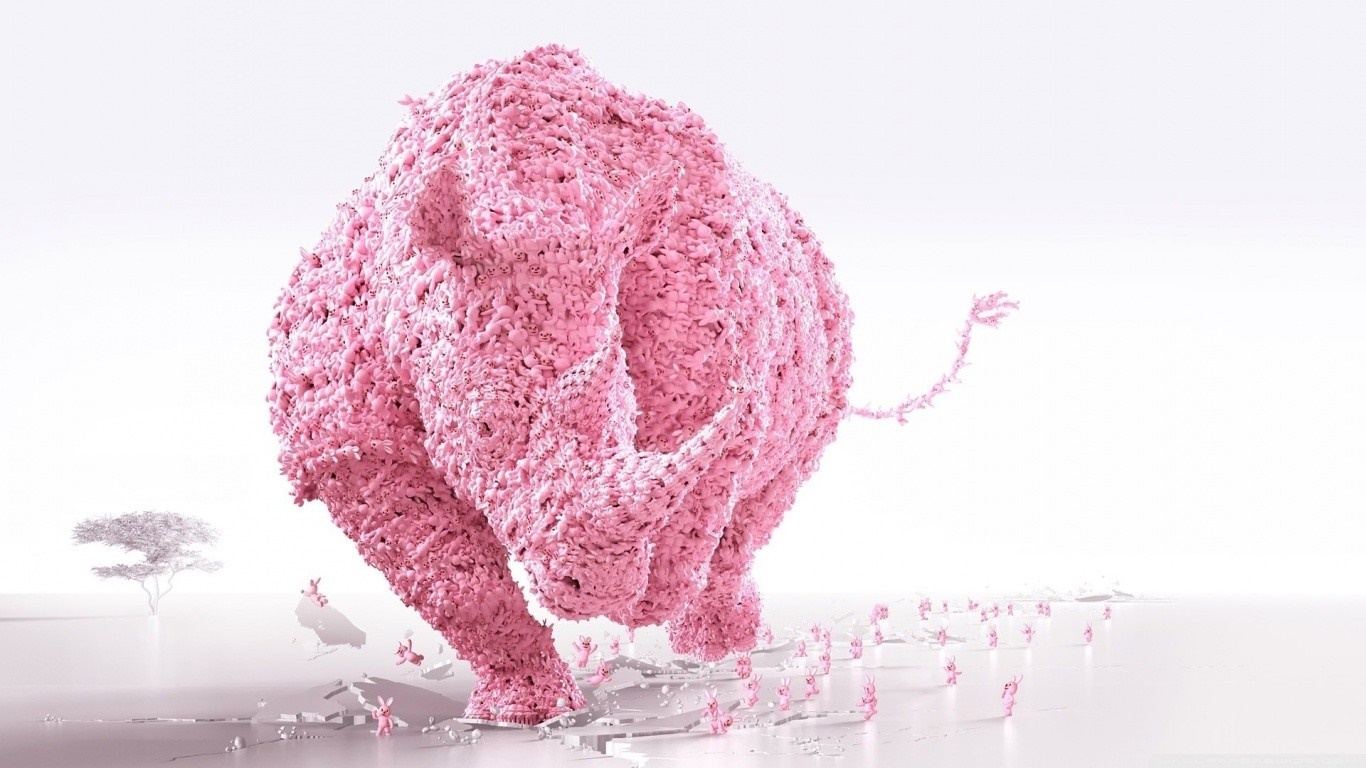 Pink rhino made of flowers breaking through ground HD Wallpaper