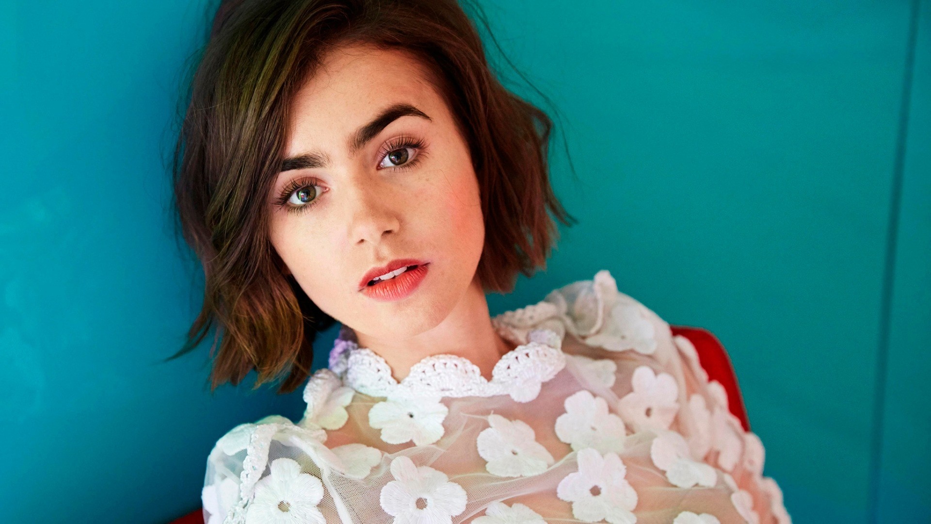 Lily Collins portrait with blue background HD Wallpaper