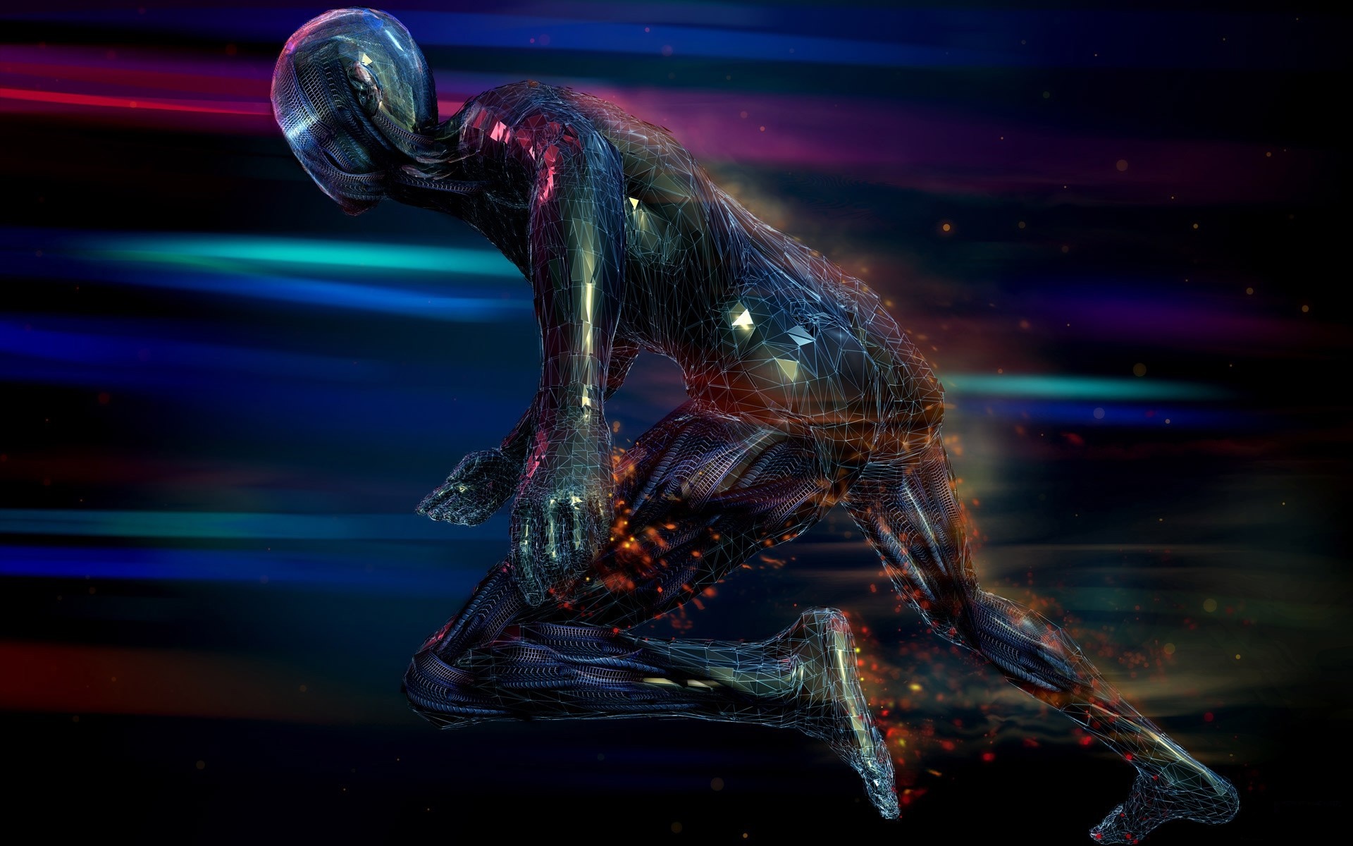 Futuristic robot running with colorful light streaks HD Wallpaper
