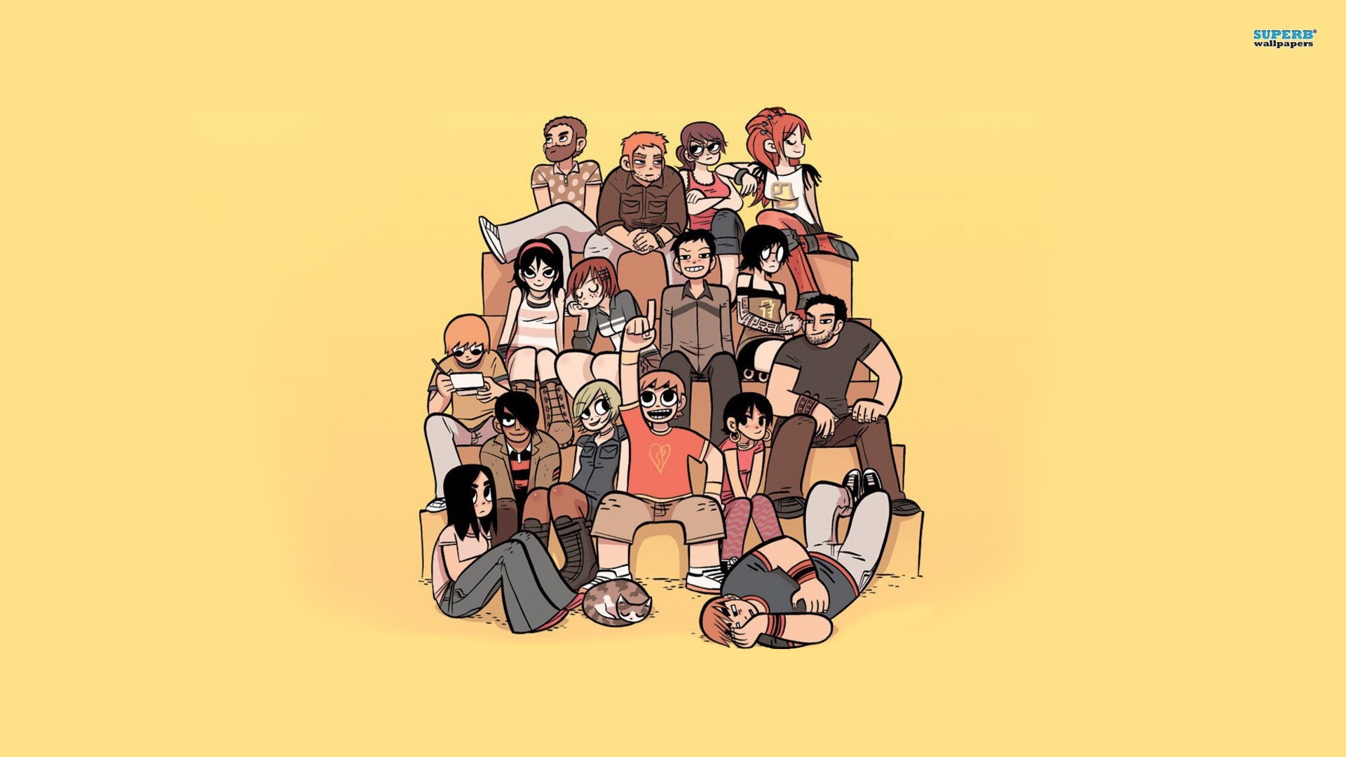 Scott Pilgrim characters sitting on bleachers HD Wallpaper