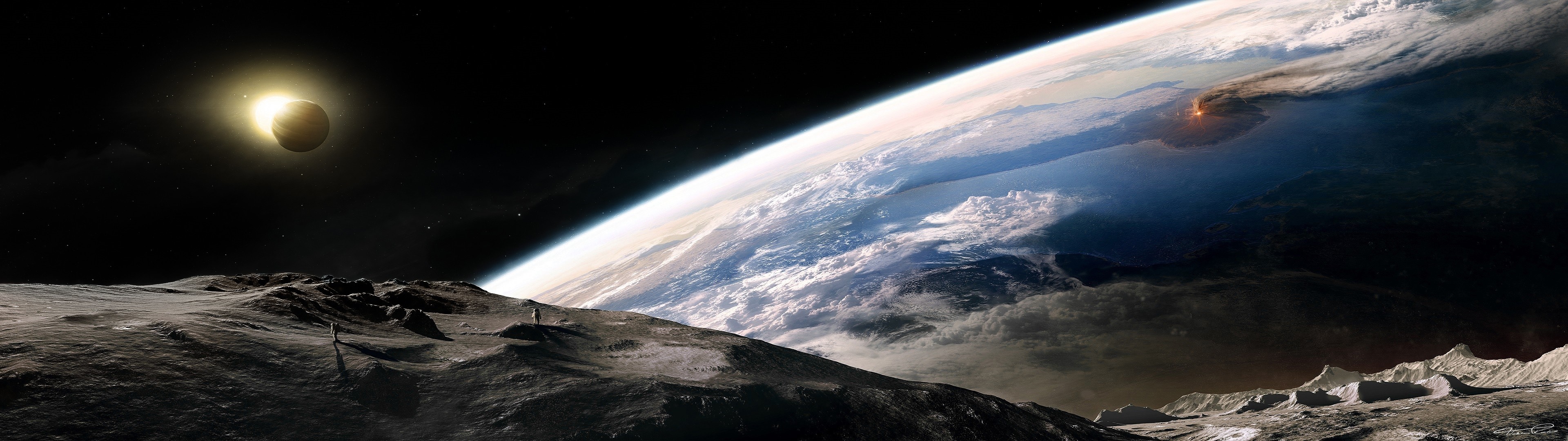 Astronauts on Moon observing Earth with volcano eruption HD Wallpaper