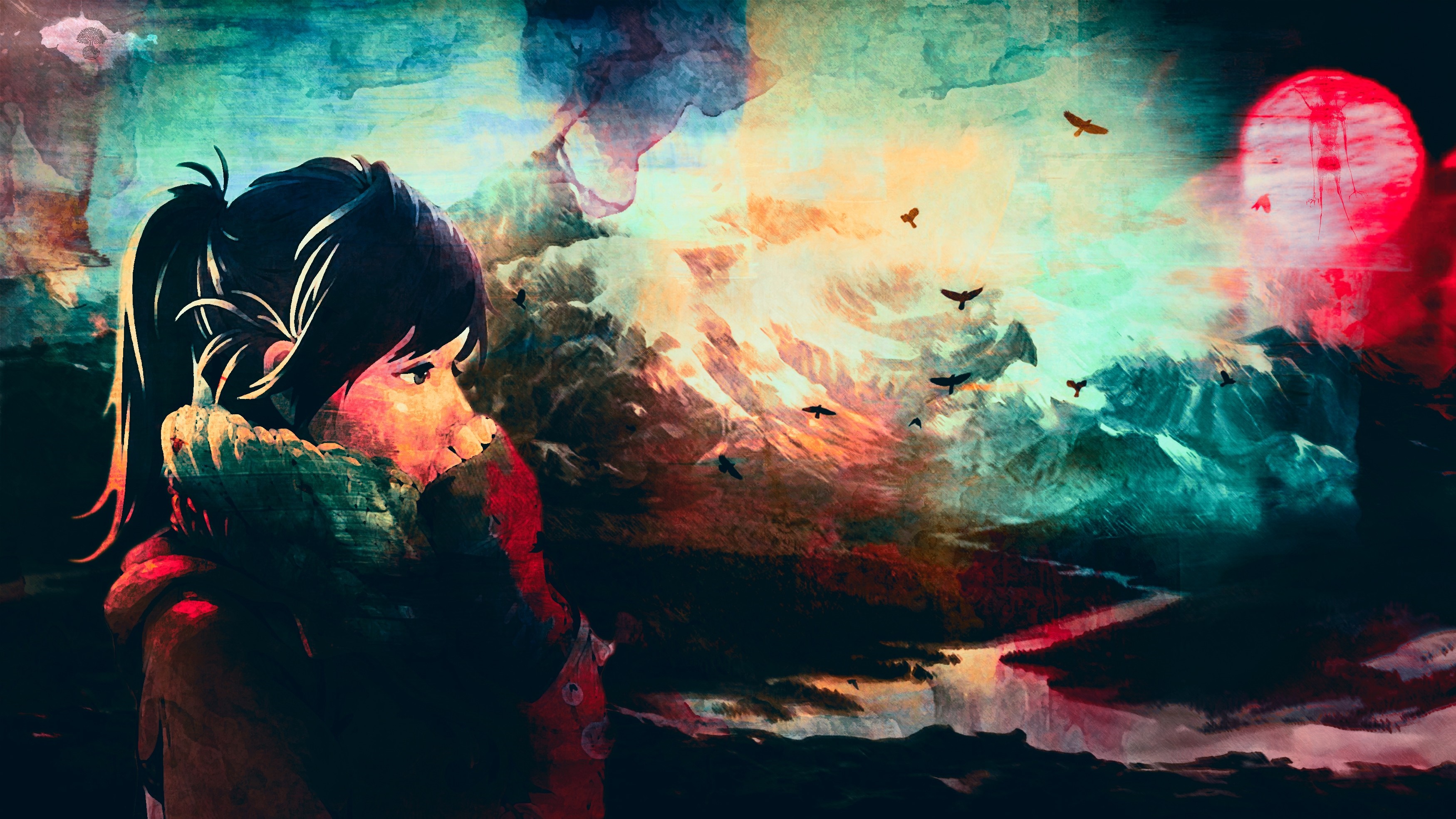 Girl looking at mountains with birds and red sun HD Wallpaper