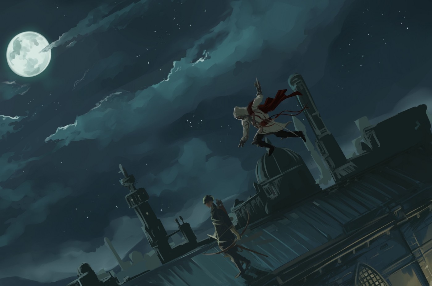 Ezio Auditore from Assassin's Creed leaping across rooftops at night HD Wallpaper