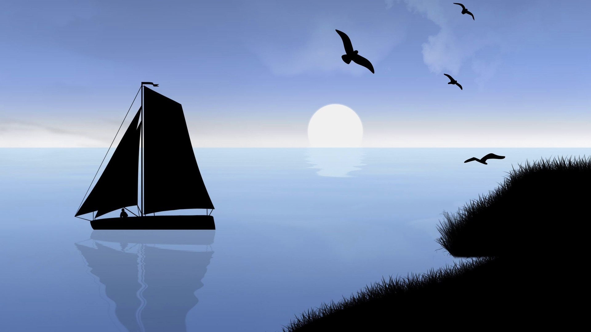 Silhouette of a sailboat on the sea at sunset with birds HD Wallpaper