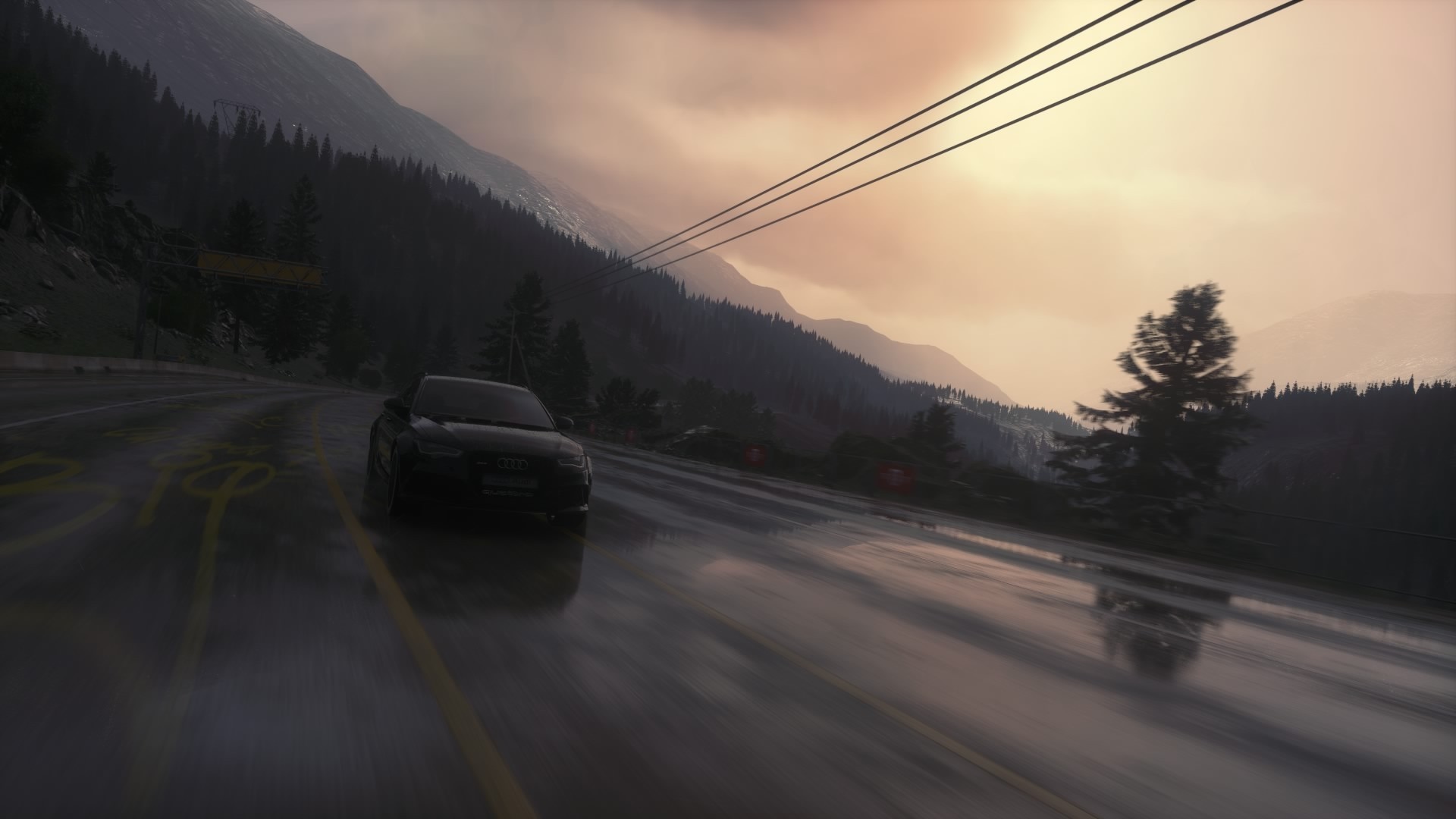 Black Audi driving on a wet mountain road at sunset HD Wallpaper