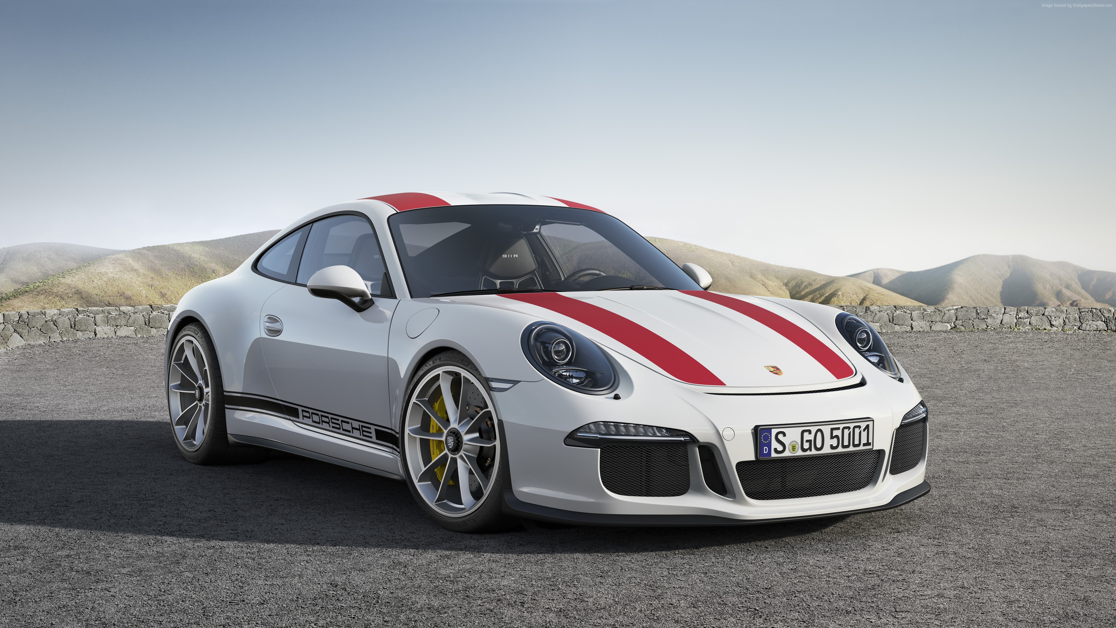 White Porsche 911 R (991) with red stripes HD Wallpaper