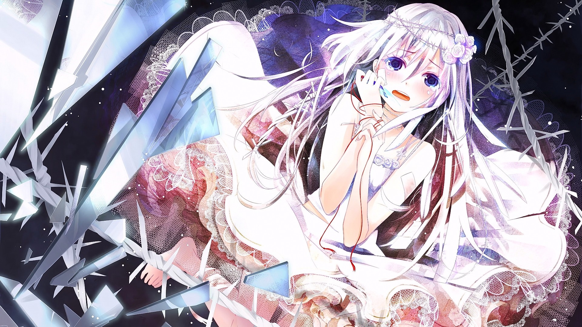 Anime girl with white hair and flower crown HD Wallpaper