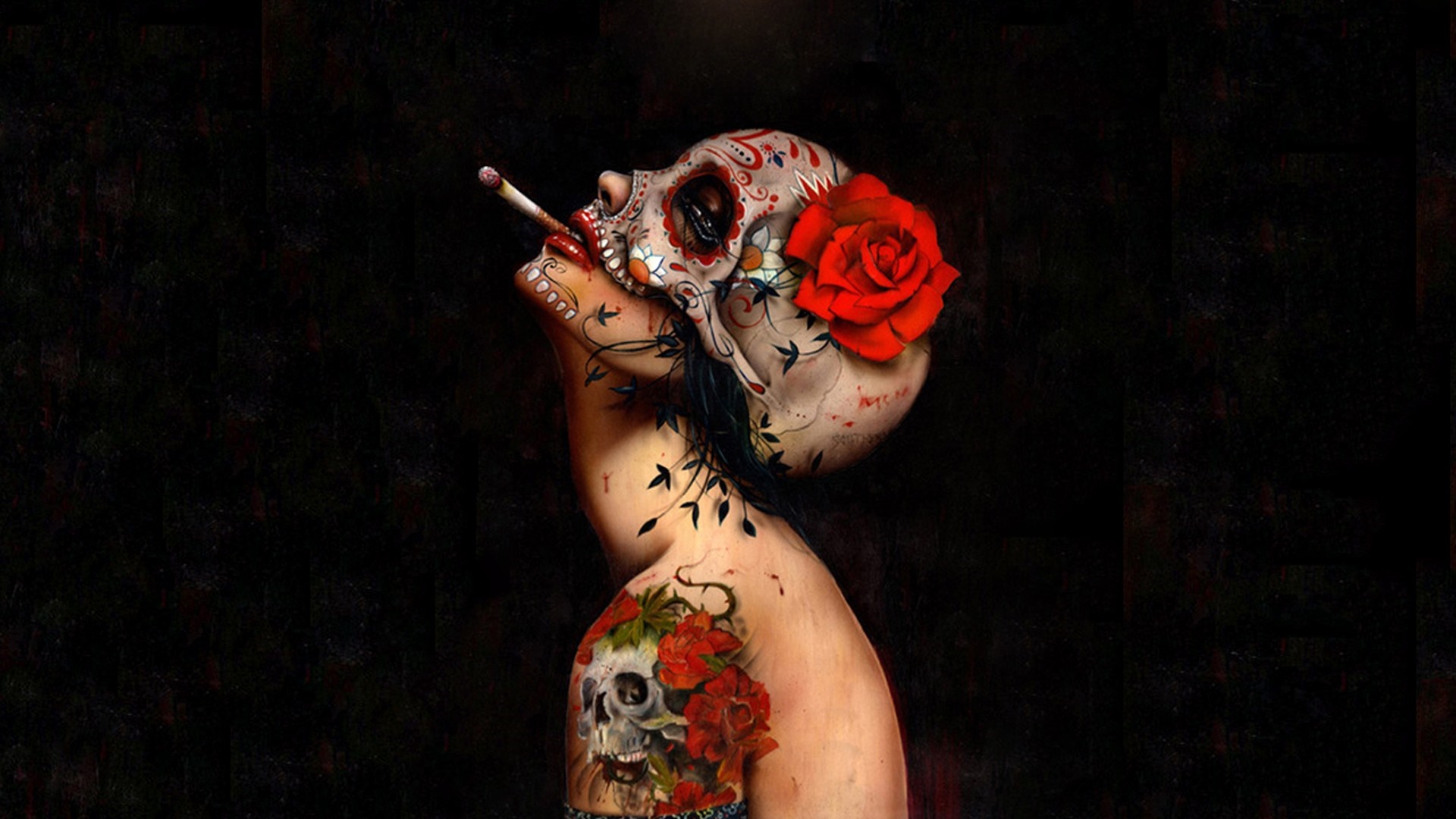 Woman with skull face paint and rose HD Wallpaper