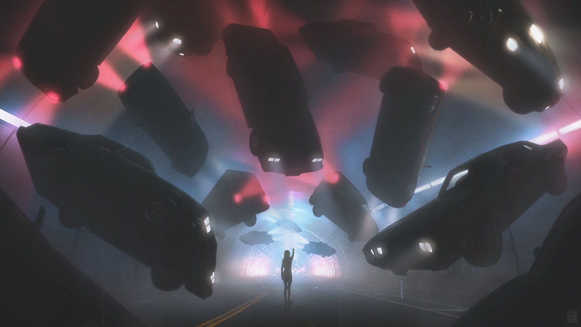 Woman in tunnel with floating cars HD Wallpaper
