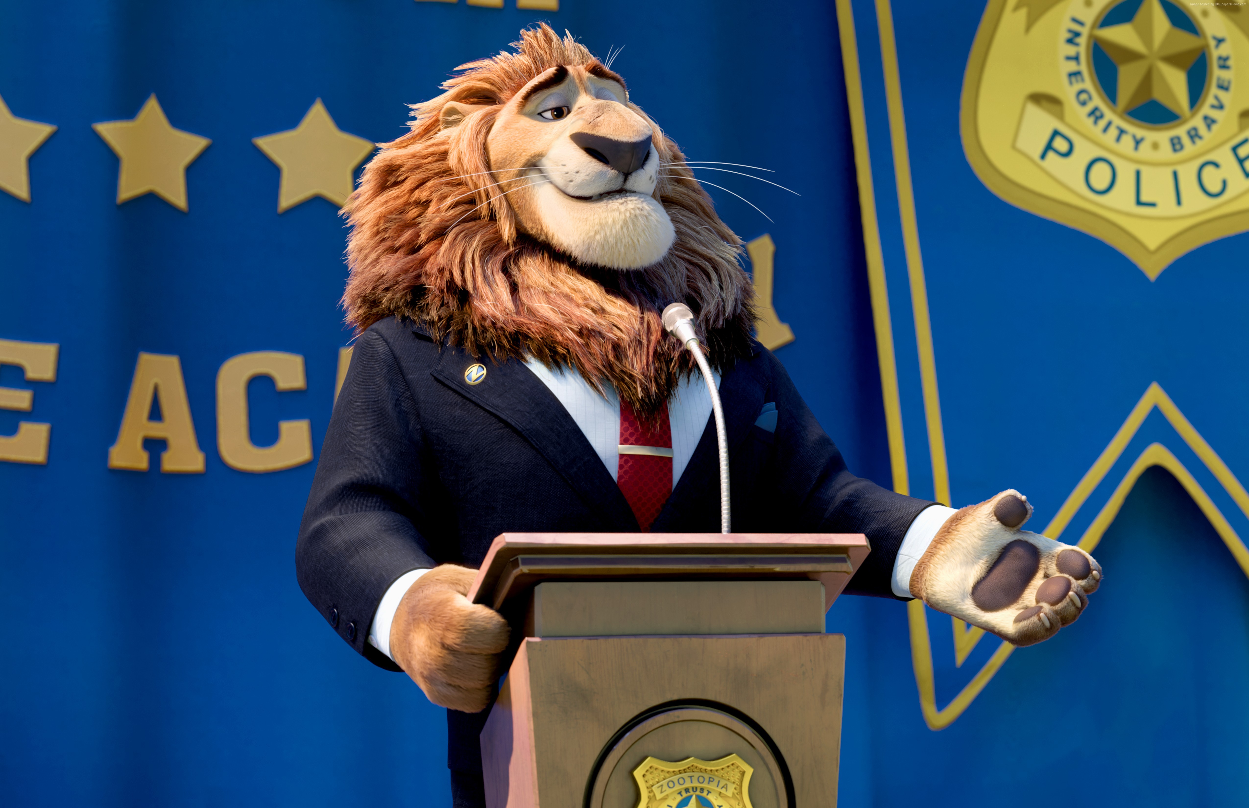 Mayor Lionheart from Zootopia at a podium HD Wallpaper