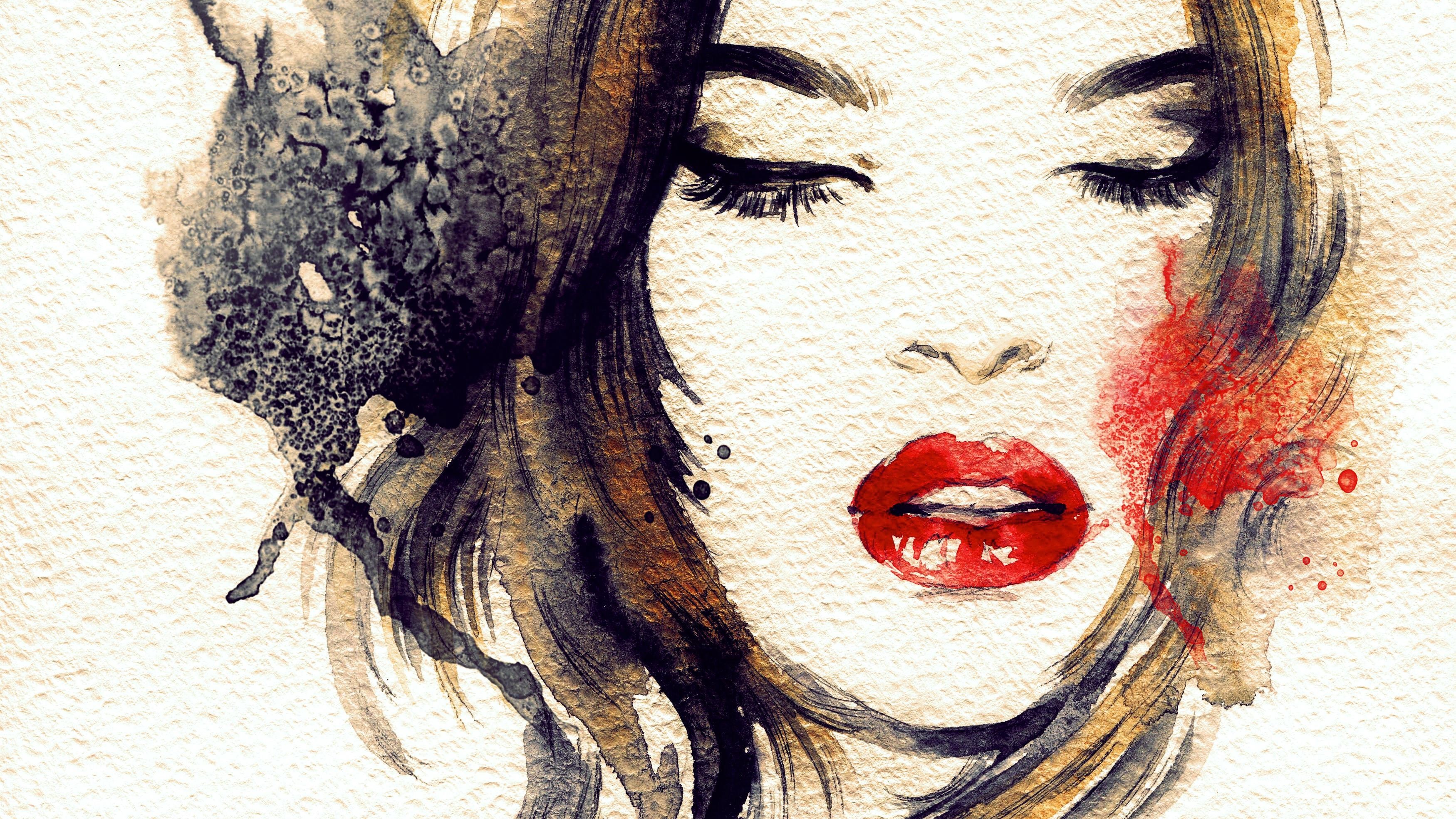 Watercolor painting of a woman's face with red lips HD Wallpaper