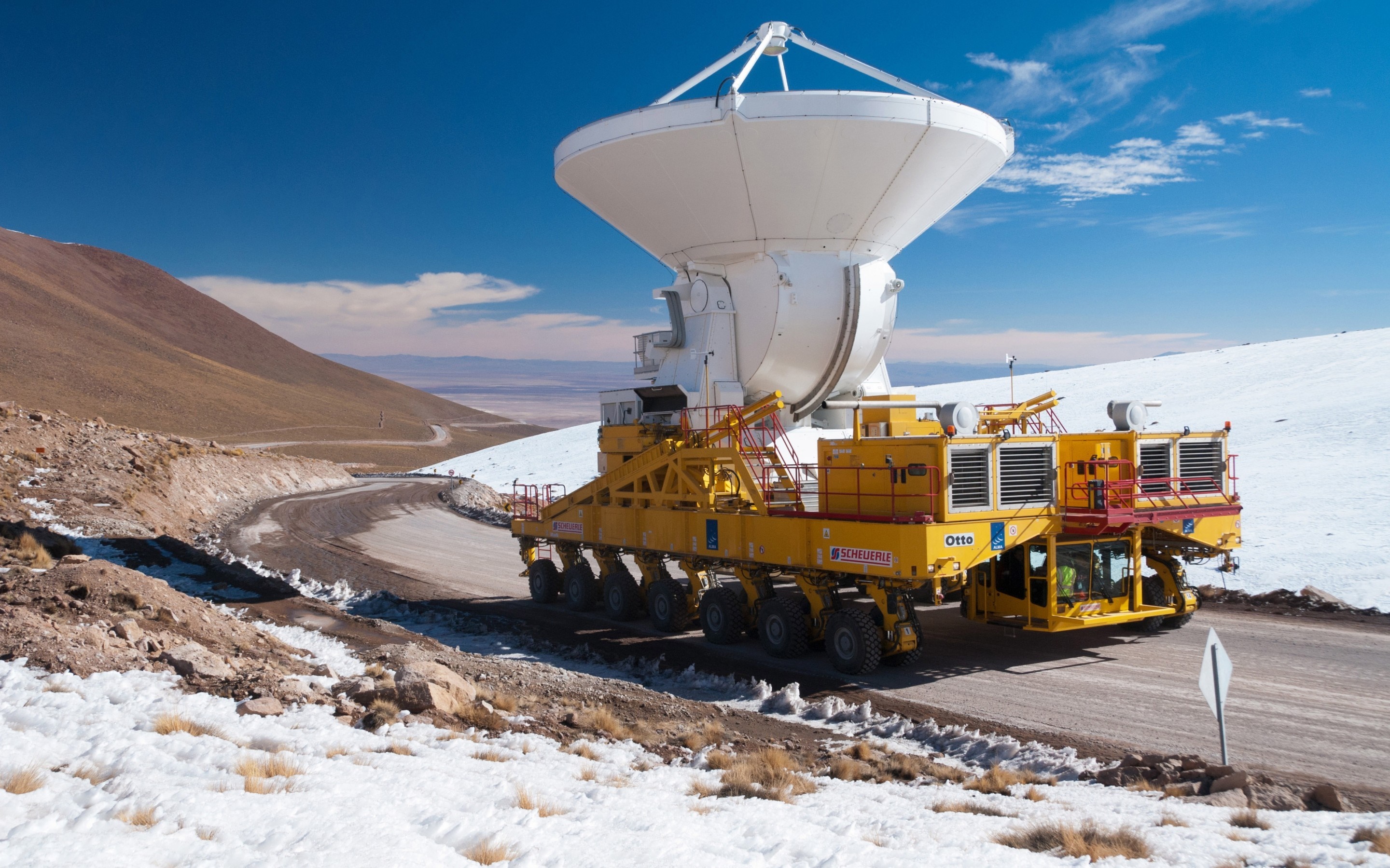 ALMA Observatory telescope transporter in snowy Chile HD Wallpaper