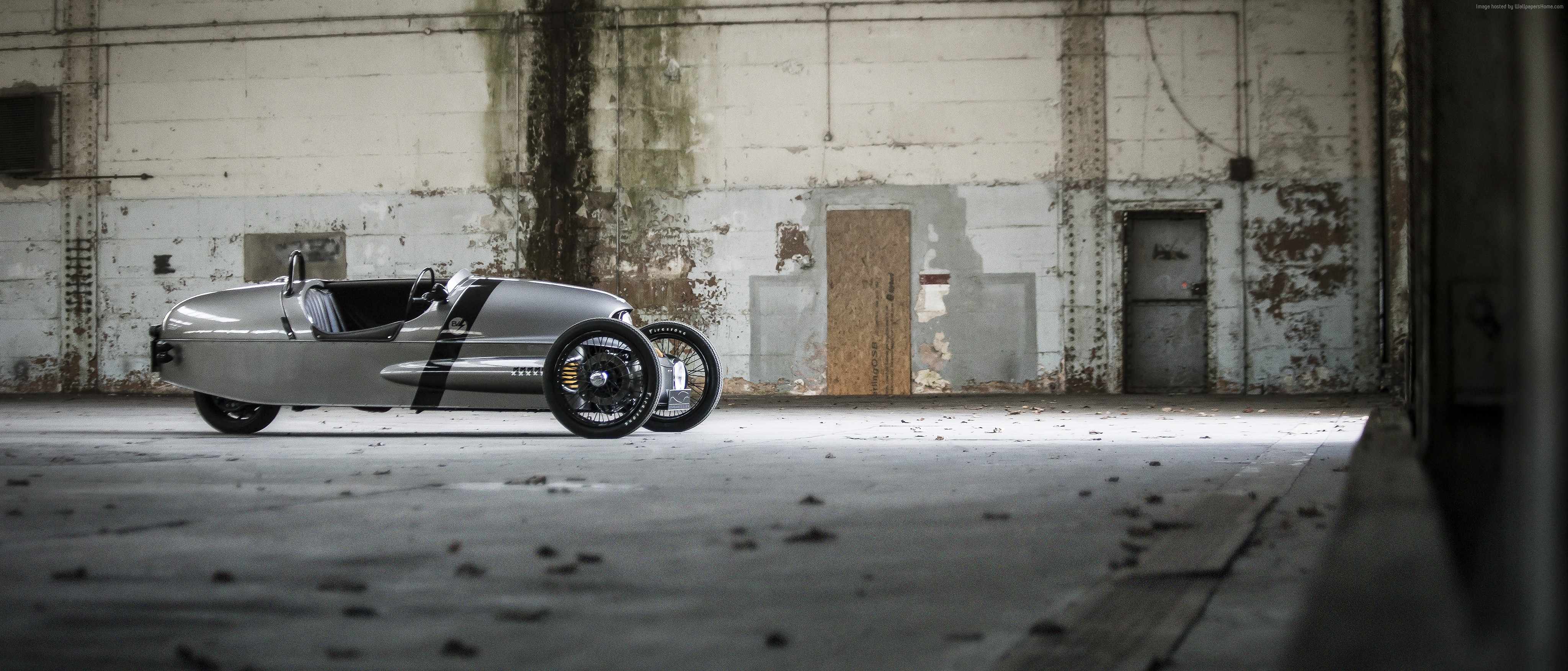 Morgan EV3 3 Wheeler electric car in warehouse HD Wallpaper