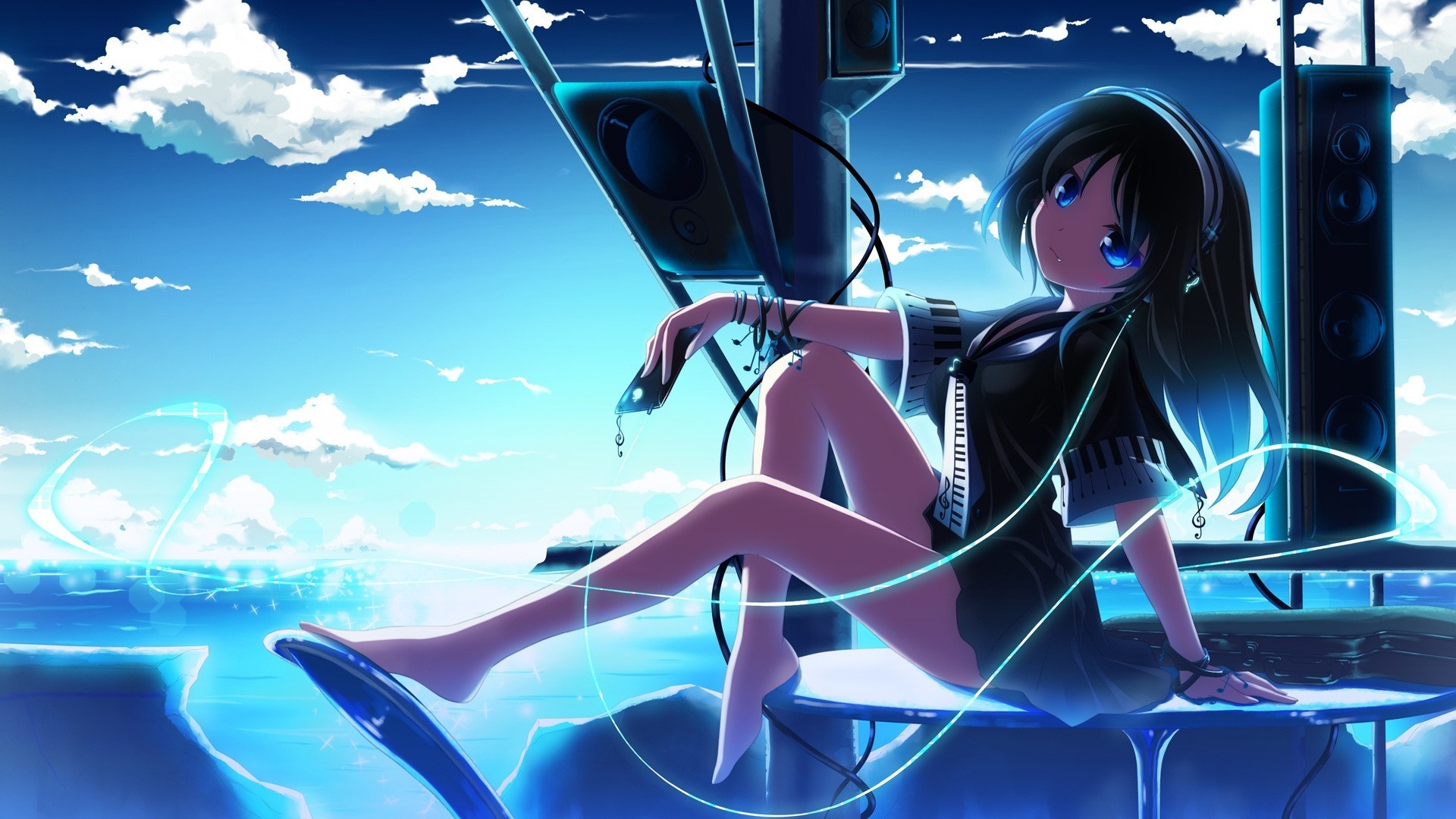 Anime girl with headphones sitting by speakers HD Wallpaper