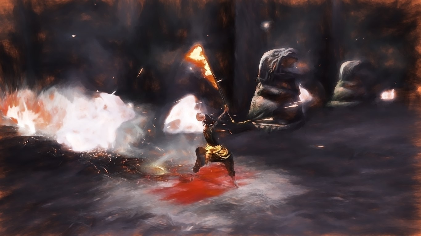 Character with flaming weapon in a dark cave HD Wallpaper