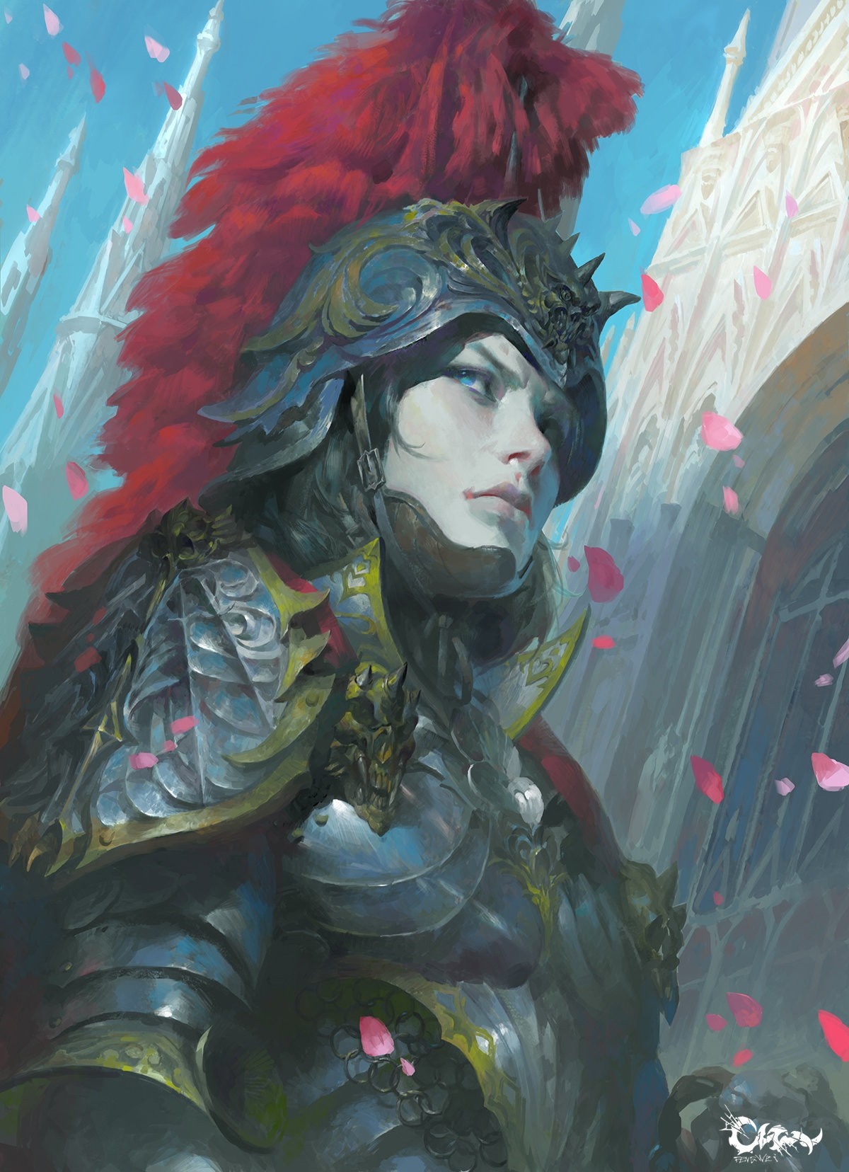 Fantasy knight in ornate armor with red plume HD Wallpaper