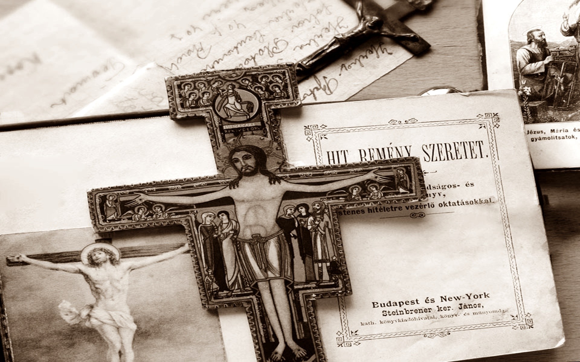 Crucifix and religious texts HD Wallpaper