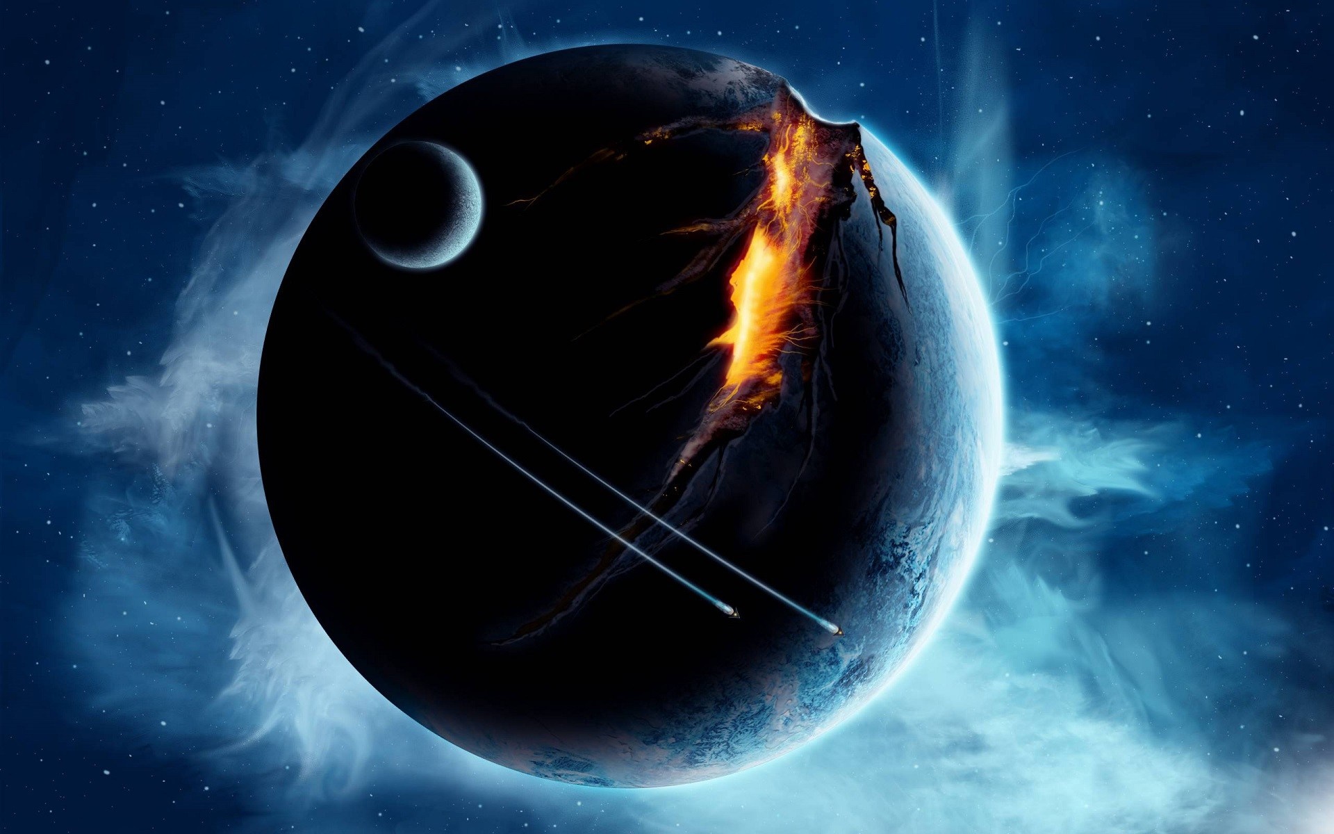 Exploding planet with moon and spaceships HD Wallpaper