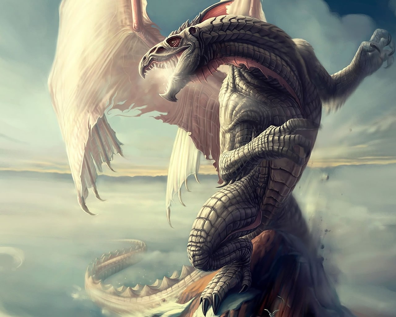 Dragon perched on a rocky outcrop above clouds HD Wallpaper