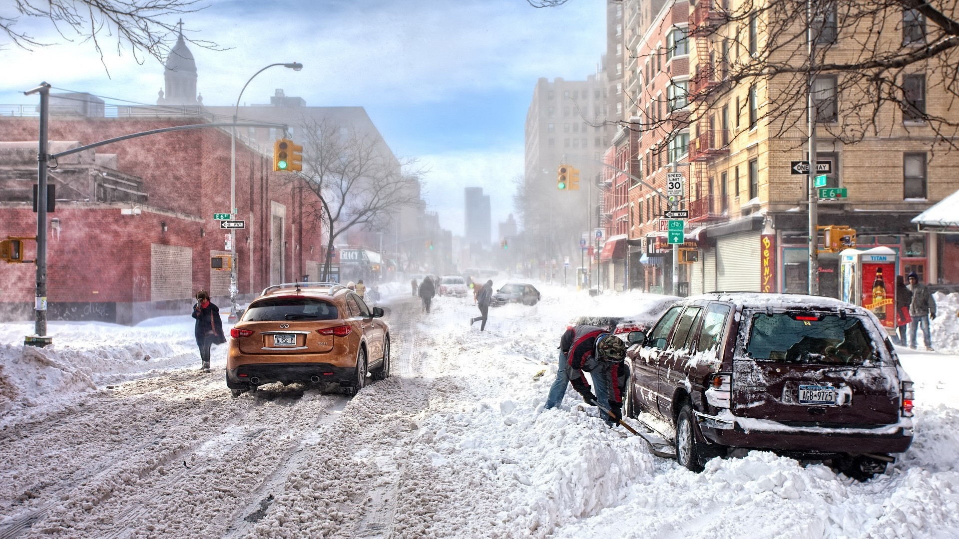 Street scene during a blizzard with cars stuck in snow HD Wallpaper