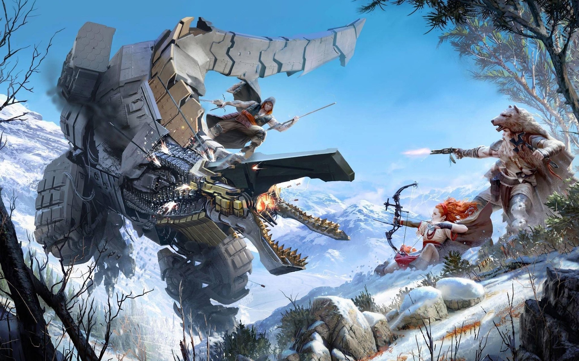 Aloy and Olin fight a giant machine in Horizon Zero Dawn HD Wallpaper