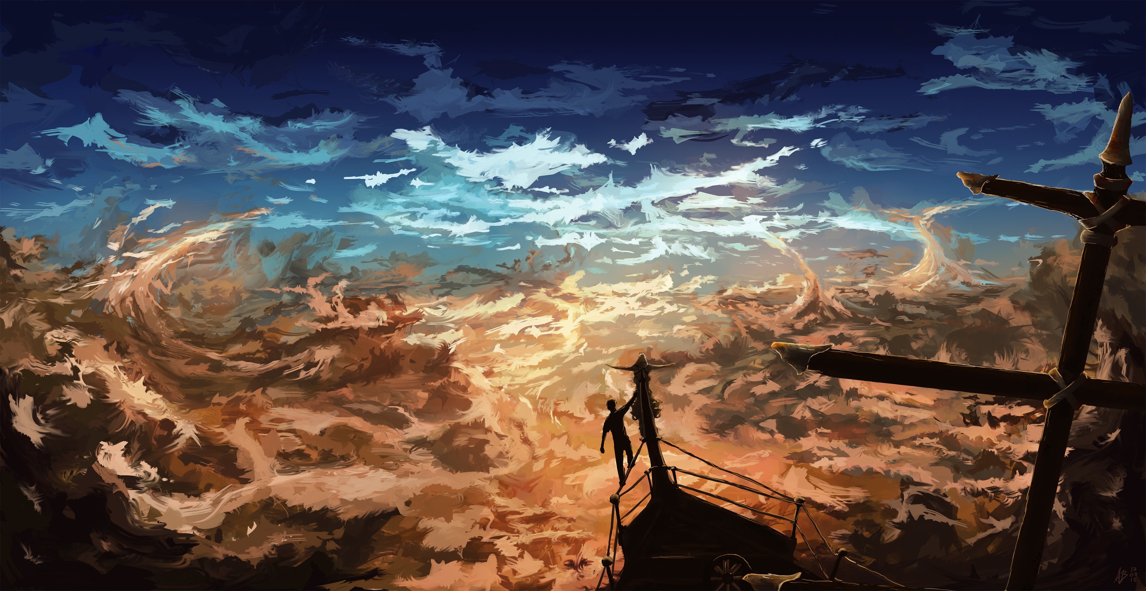 Man on a boat in a fantasy landscape HD Wallpaper