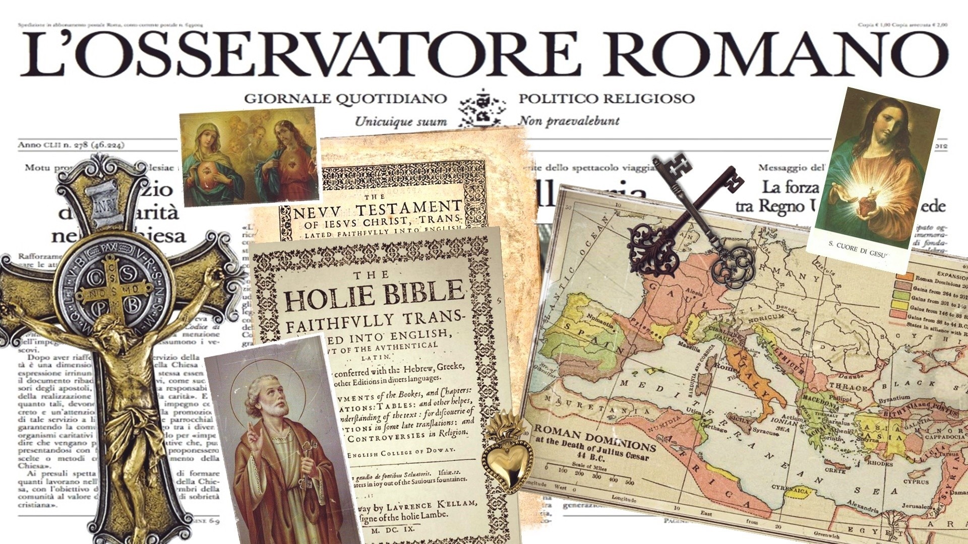 L'Osservatore Romano newspaper with religious imagery and map HD Wallpaper