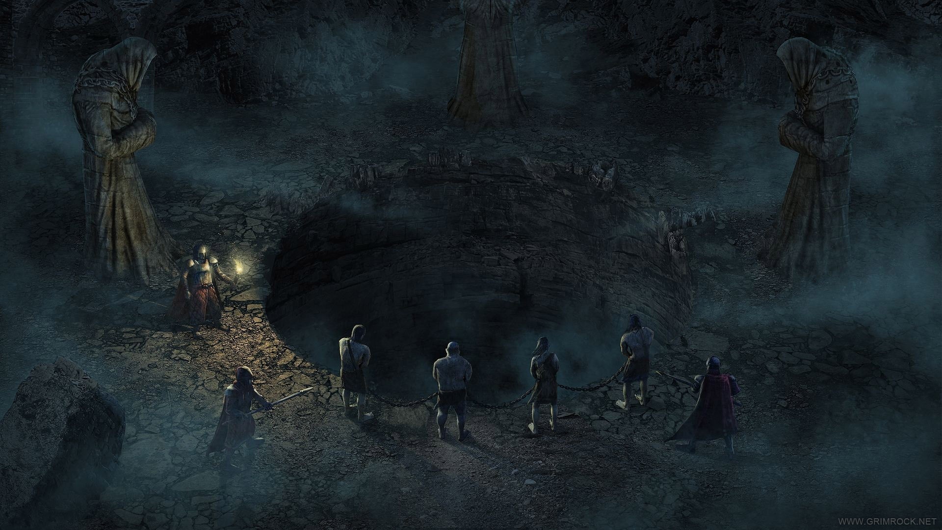 Legend of Grimrock screenshot of figures in a dark cave HD Wallpaper