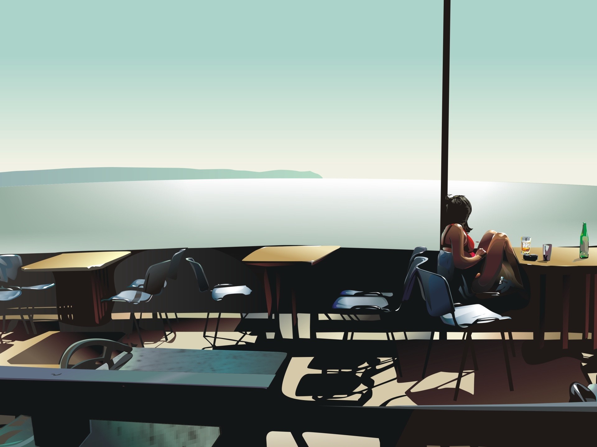 Woman in bikini sitting at a table overlooking the ocean HD Wallpaper