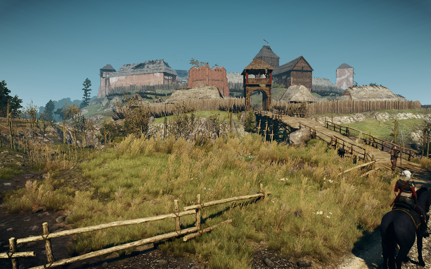 Ciri on horseback approaching a village in The Witcher 3: Wild Hunt HD Wallpaper