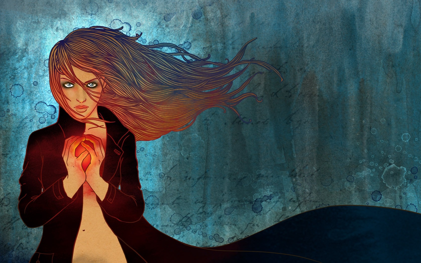 Woman holding a glowing heart with windblown hair HD Wallpaper