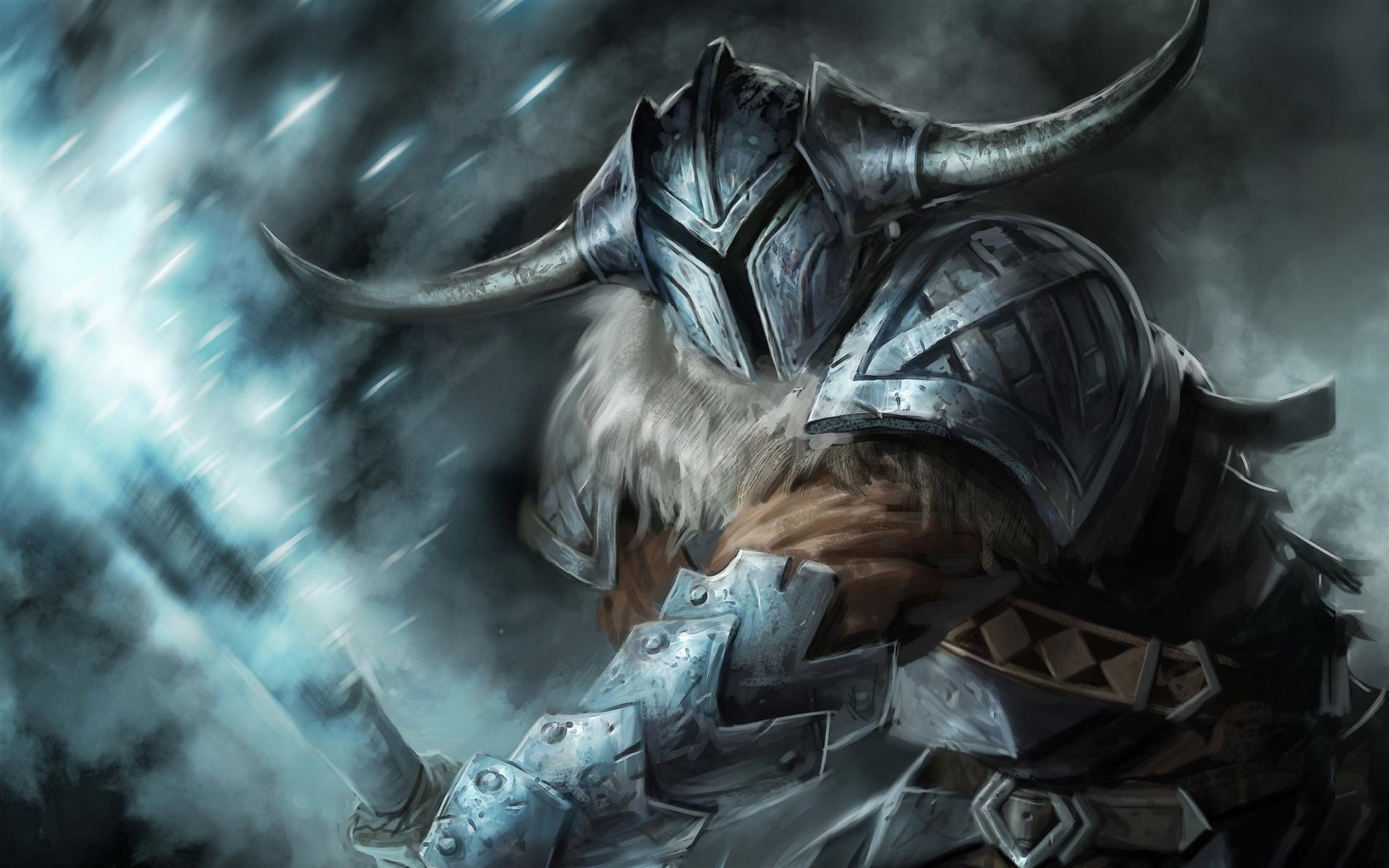 Warrior in horned helmet with glowing sword HD Wallpaper