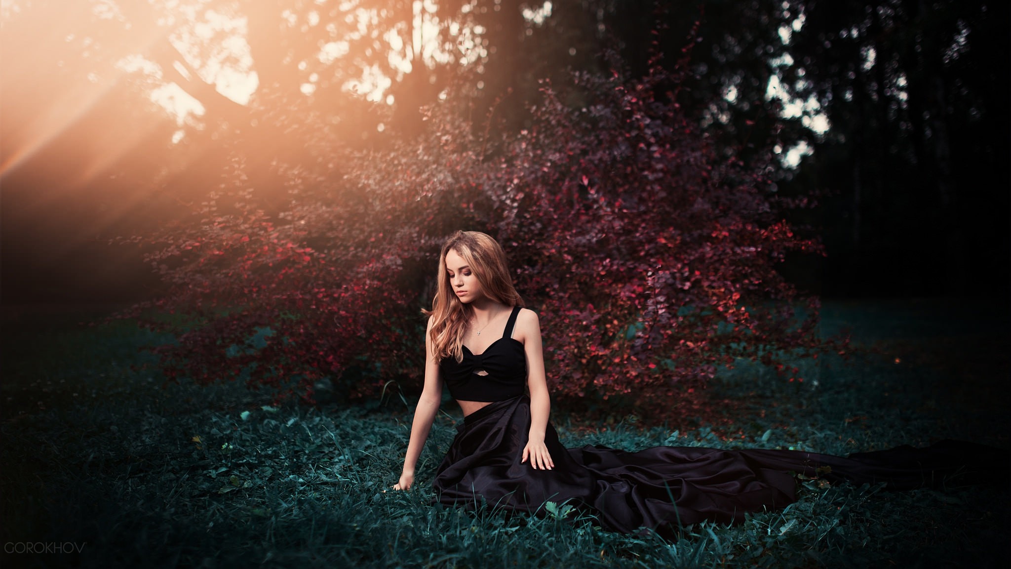 Woman in black dress sitting in grass with sunlight HD Wallpaper