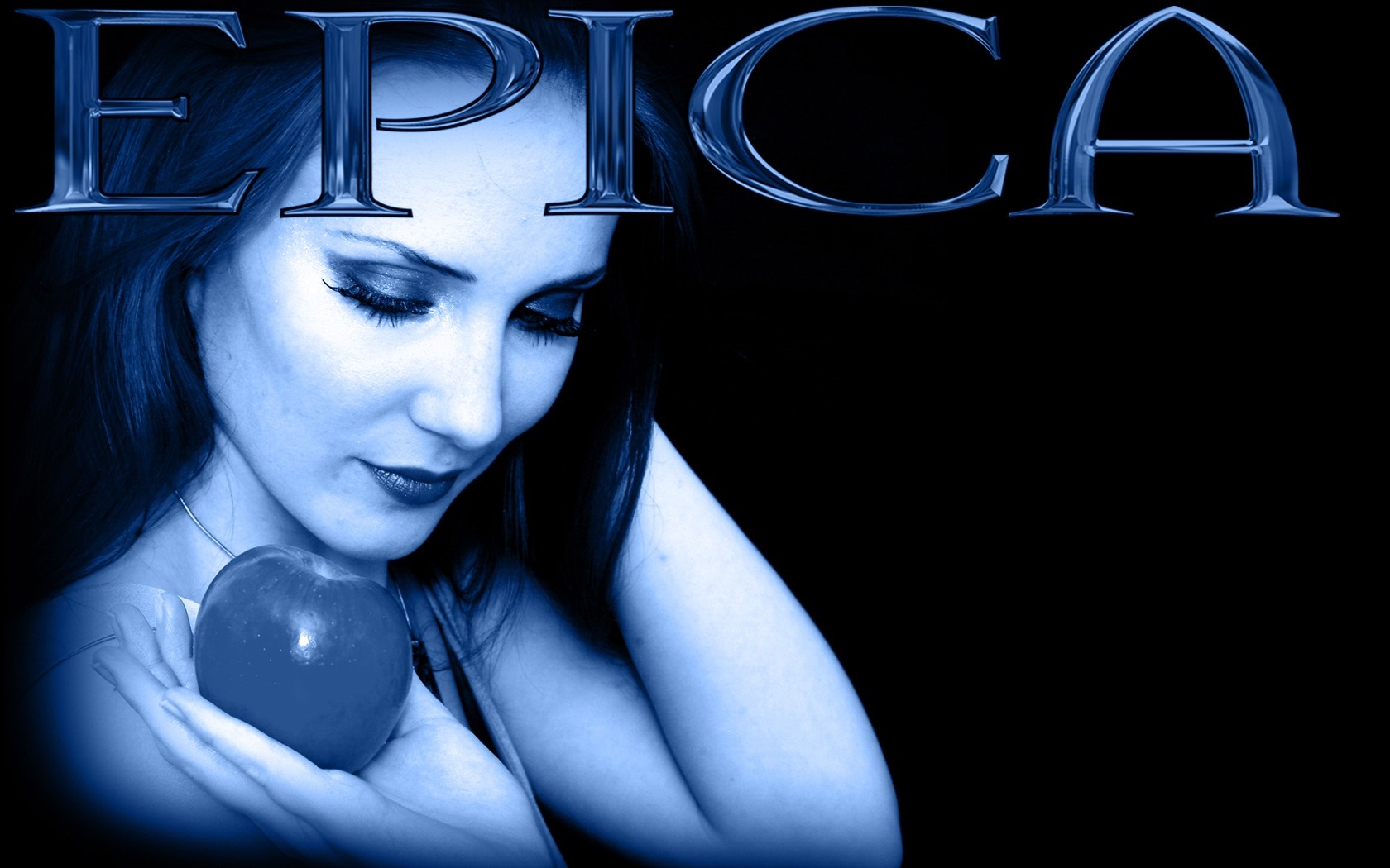 Epica logo with Simone Simons holding an apple HD Wallpaper