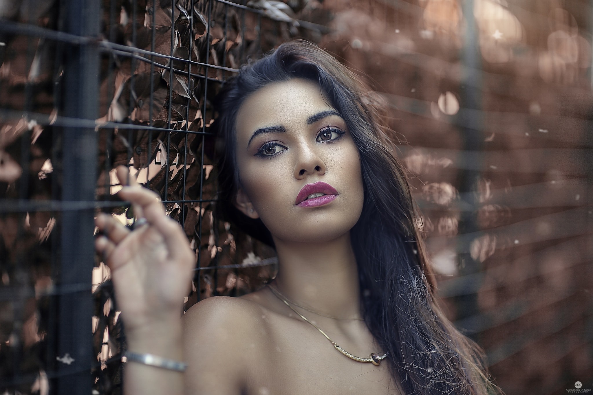 Woman with dark hair and pink lipstick posing near a fence HD Wallpaper