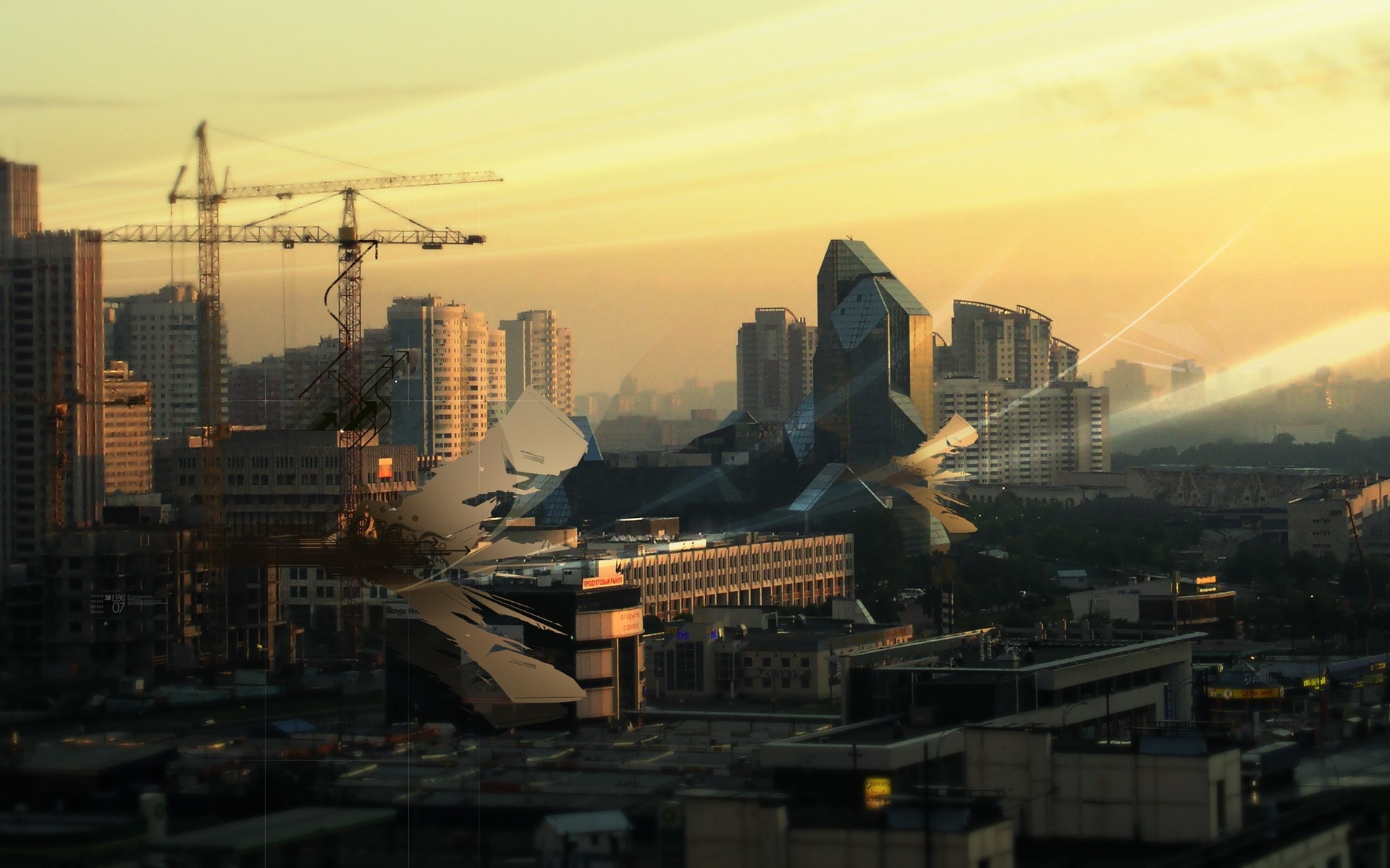 Futuristic Cityscape at Sunset with Construction Cranes HD Wallpaper