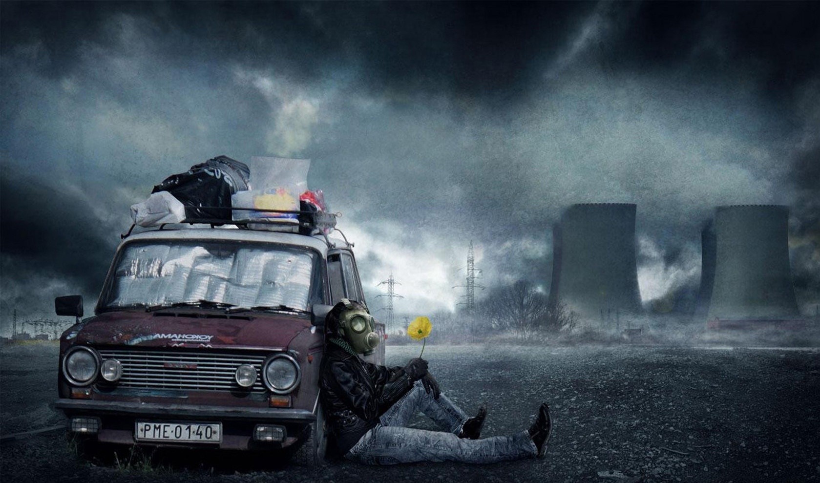 Apocalyptic scene with a Lada car and a person in a gas mask HD Wallpaper