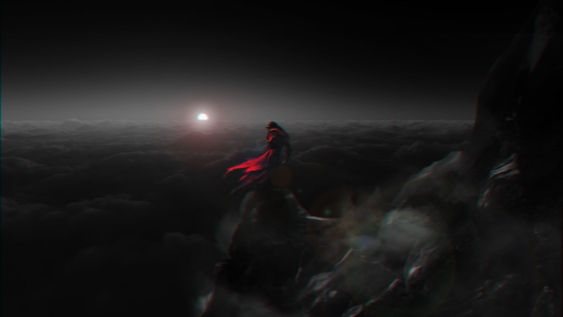 Fantasy art of a figure in a red cloak on a cliff HD Wallpaper