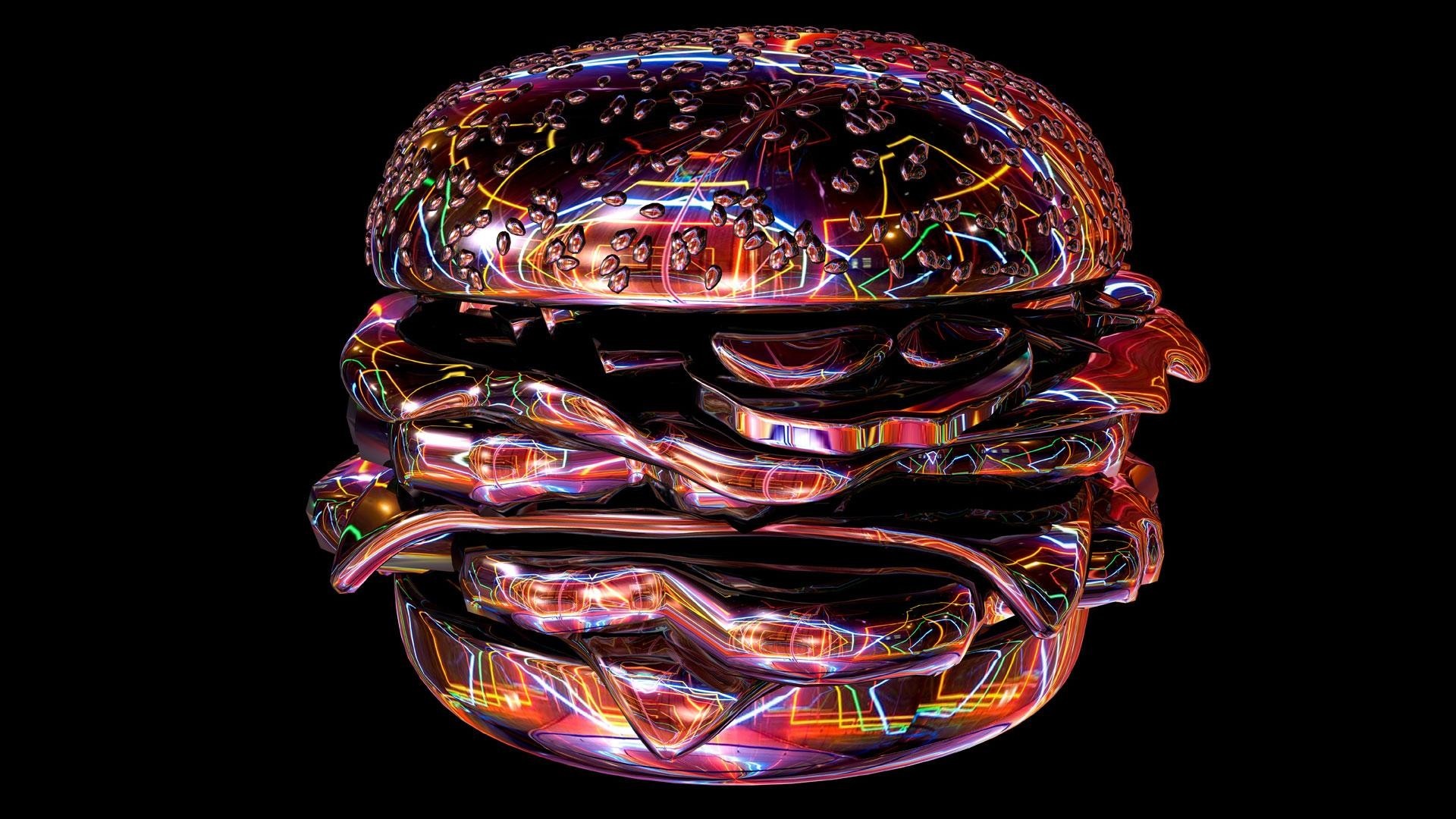 Abstract chrome hamburger with colorful neon lights HD Wallpaper